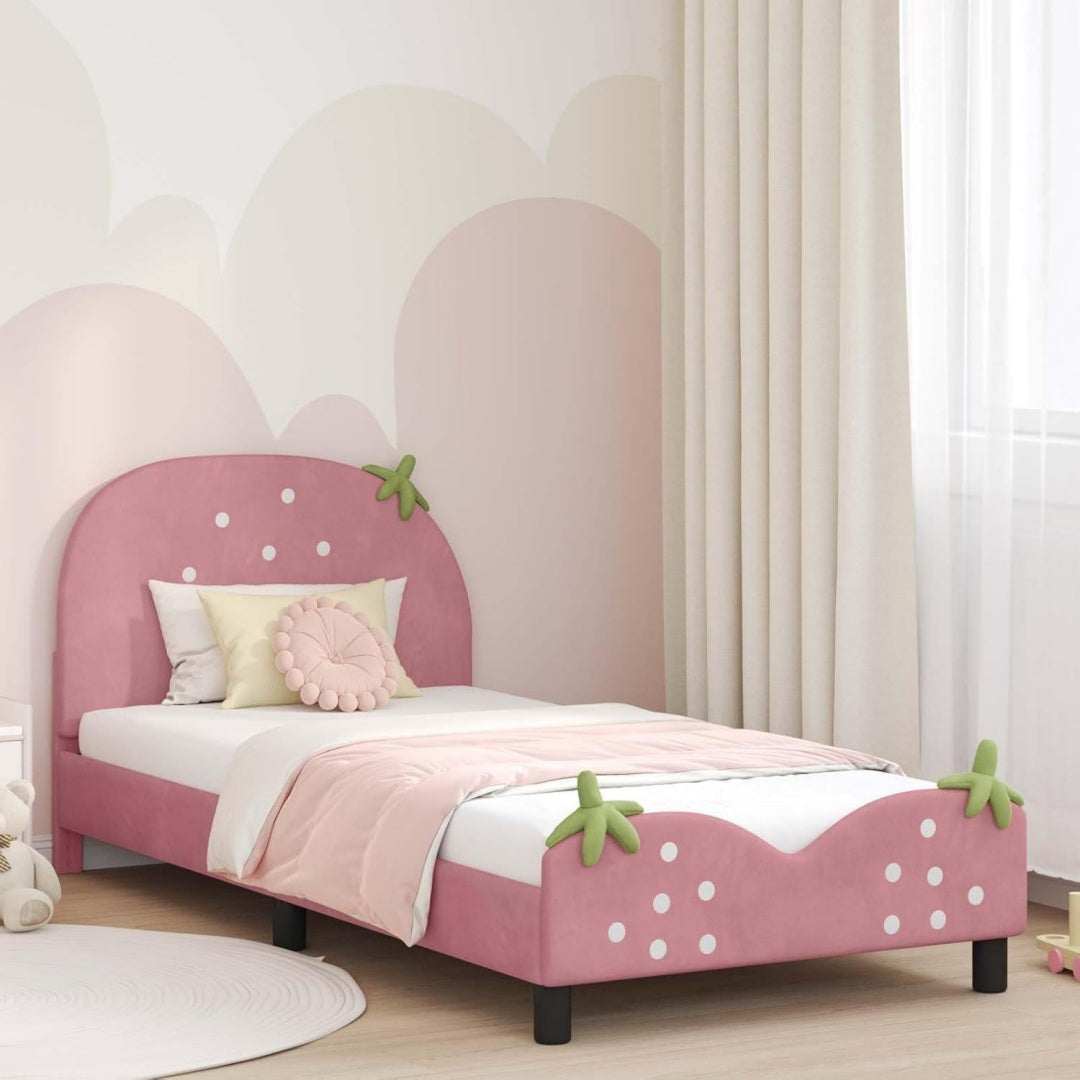 Das Bettgestell misst 80 x 200 cm in Rosa