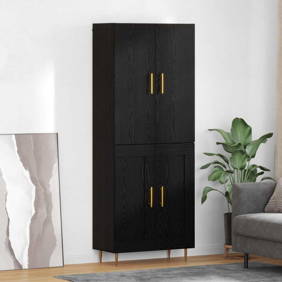 Hochschrank mit den Massen 69.5 x 34 x 180 cm in Schwarz und Eichenbraun