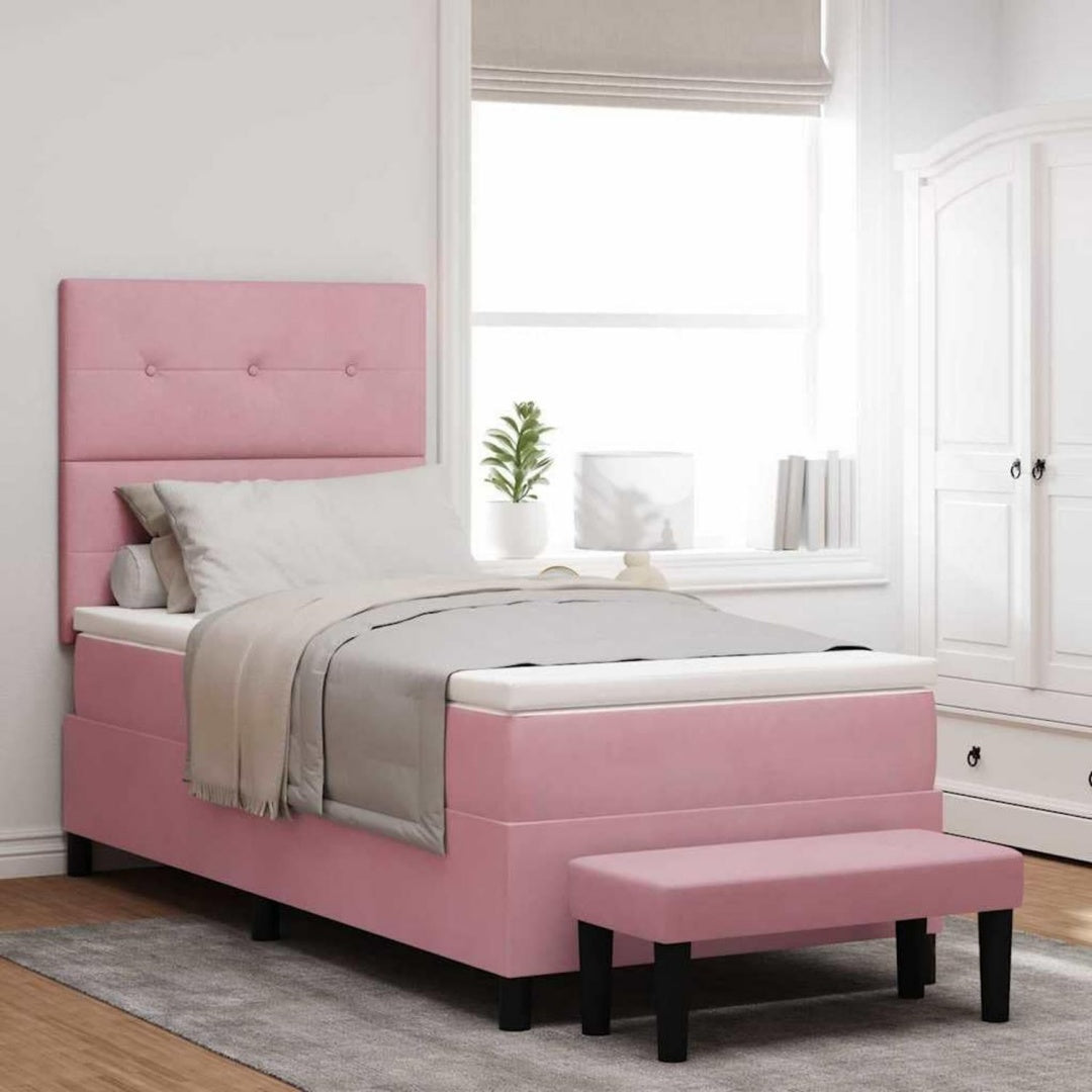 Boxspringbett aus Samt und Holzwerkstoff in Rosa