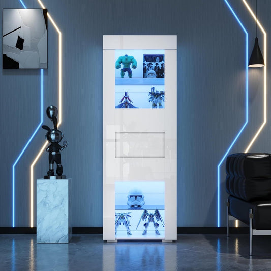 Vitrine mit LED Beleuchtung, geschlossenem Stauraum und glaenzenden Oberflaechen