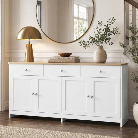3 Schubladen und 4 Tueren an dem Sideboard